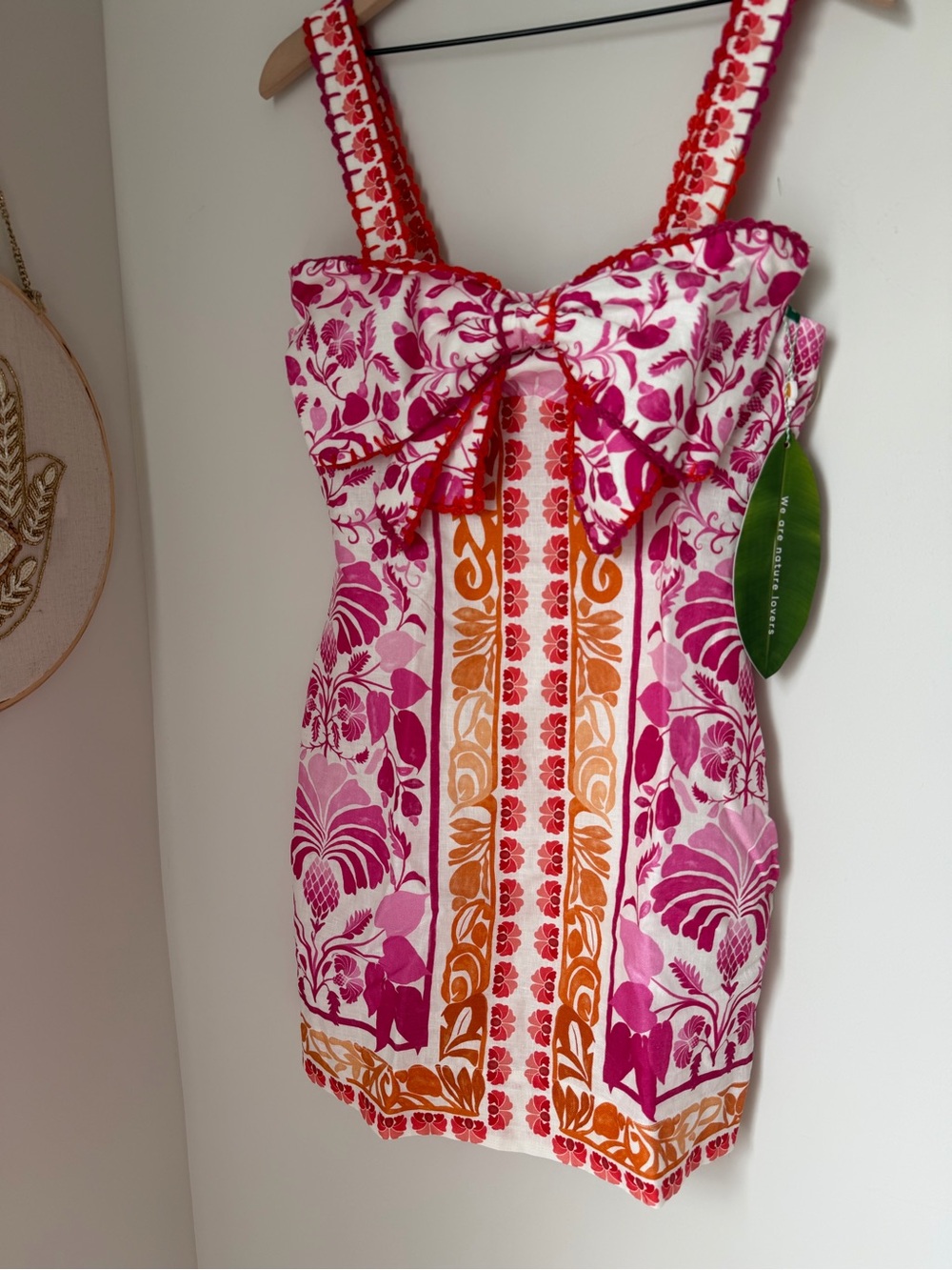 FARM Rio Pink & Orange Floral Santorini Bow linen Mini Dress